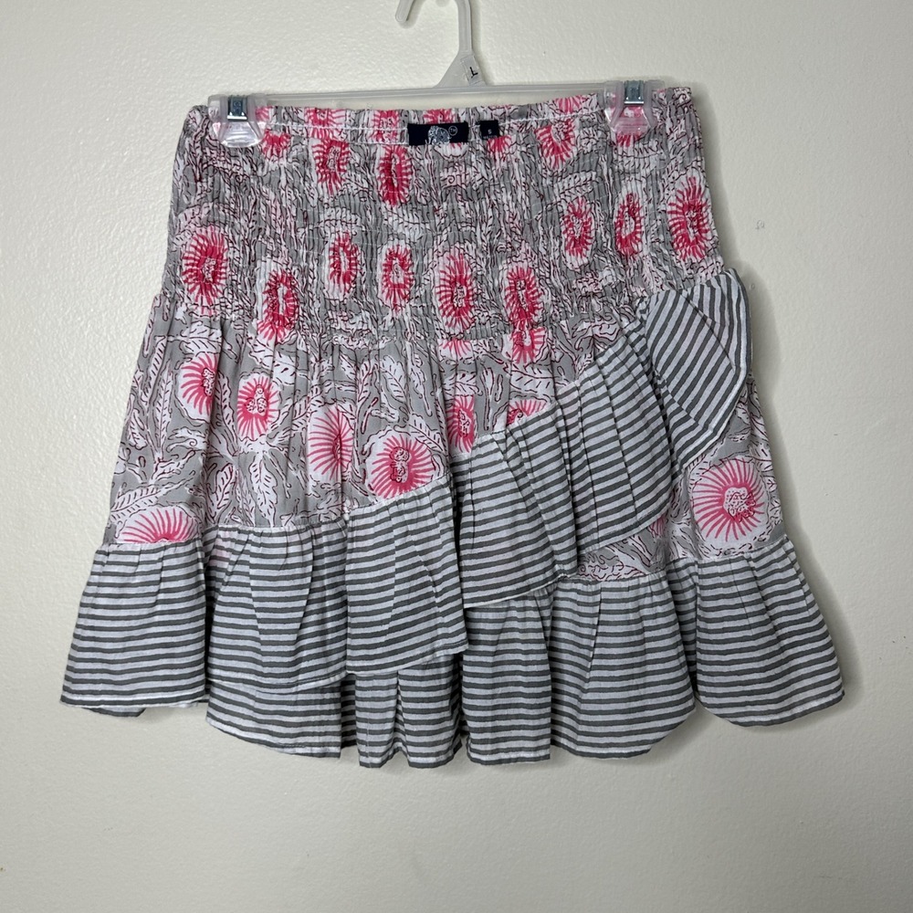 Madison Mathews Mini Skirt Floral Striped Smocked Ruffle Pink Gray size Small